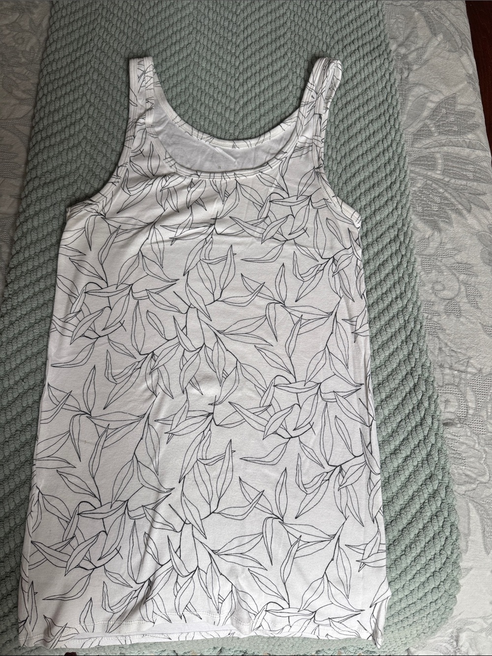 a new day White Tank Top with Black Leaf Stitching